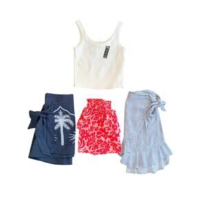 Girls 4 Piece Summer Set White Tank Top Navy Palm Pink Floral Blue‎ Skirts XS S